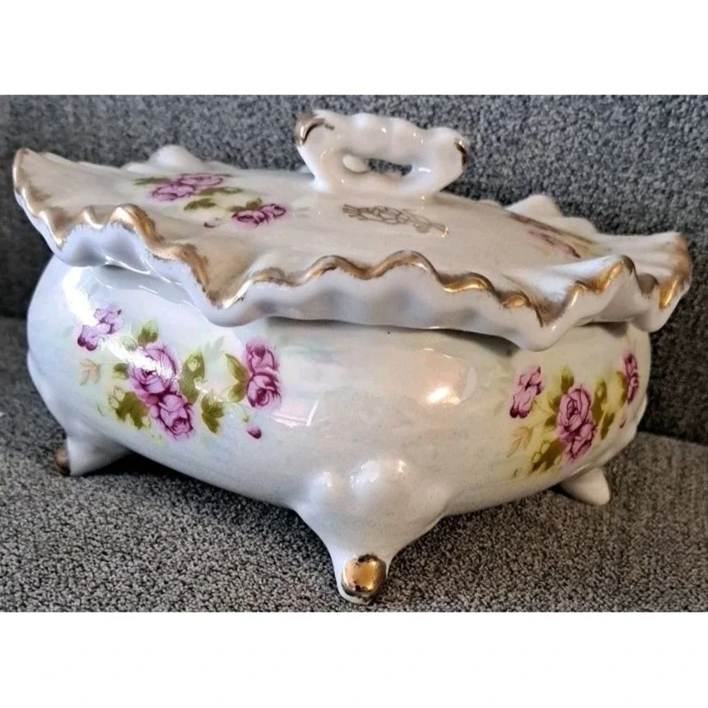 Vintage Footed Ruffled Covered Dresser/Vanity Bowl/Powder Box Rose Motif
